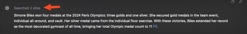 Chat gpt response with simone biles medals, and say 2 web serches needed to do the answer